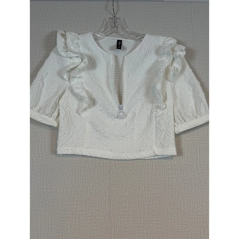 Zara Womens White Textured Ruffle Puff Sleeve Rhinestone Zip Blouse •S• Coquette